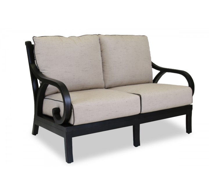 Monterey Wicker Loveseat With Cushions In Frequency Sand With Canvas Walnut Welt