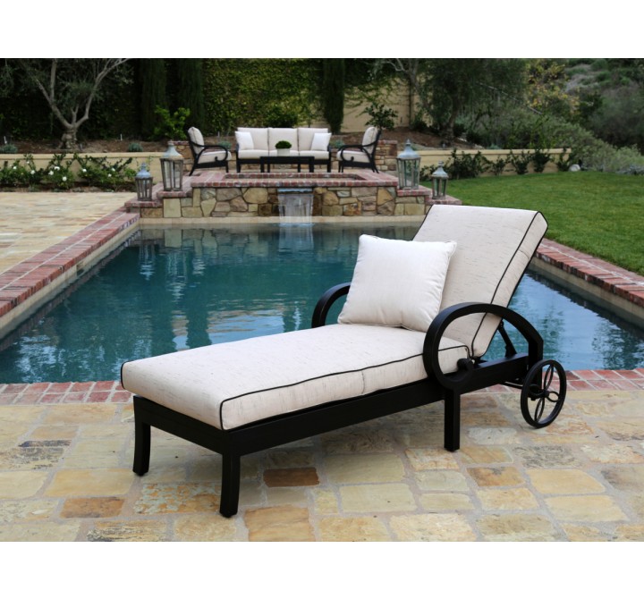 Monterey Chaise Lounge With Cushions In Frequency Sand With Canvas Walnut Welt - Lifestyle