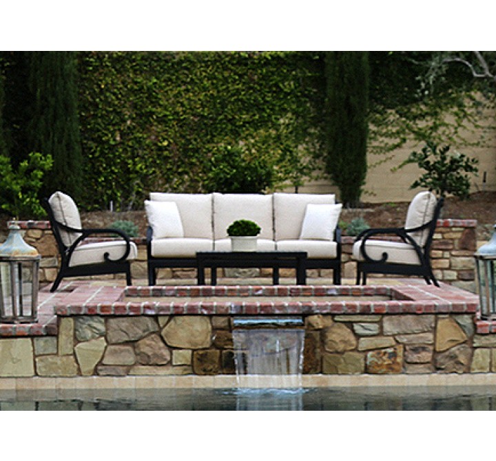 Sunset West Aluminum Monterey Sofa with Club Chairs and Coffee Table