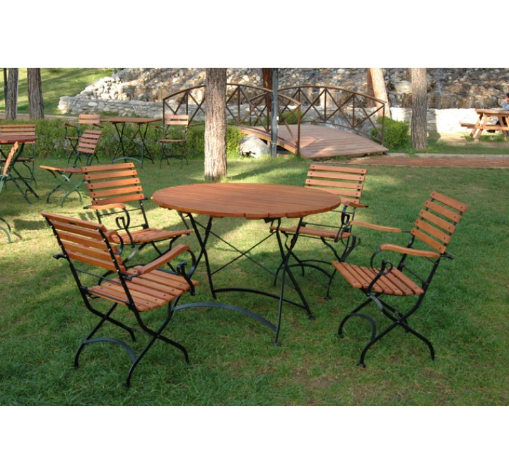 Furniture Designhouse French Cafe Round Bistro 32" Round Folding Table - European Chestnut Wood Slat Top