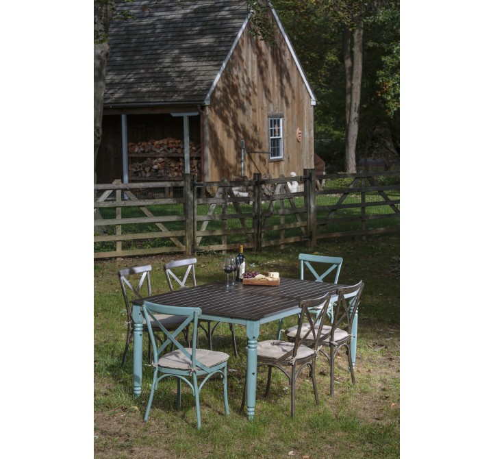 Maison All Aluminum French Dining Set With 72" Rectangular French Dining Table With Umbrella Hole and 6 Dining Chairs with Cushions