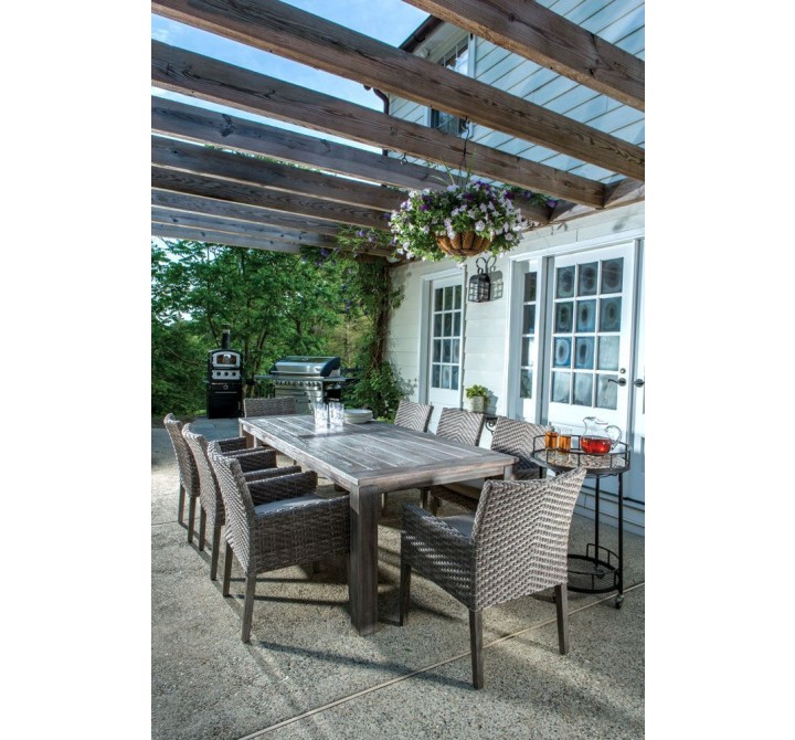 Alfresco Home Cornwall Woven Wood Set With 94.5" Rectangular Wood Dining Table and 8 Dining Arm Chairs With Sunbrella Cast Shale Cushions
