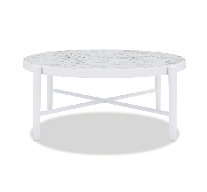 Post Leg 40" Round Coffee Table Frost Finish with Honed Carrara top
