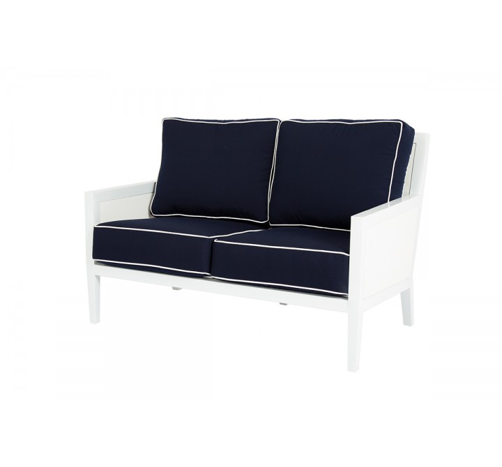 Sunset West Regatta Loveseat With Cushions In Canvas Navy With Canvas White Welt - Angled