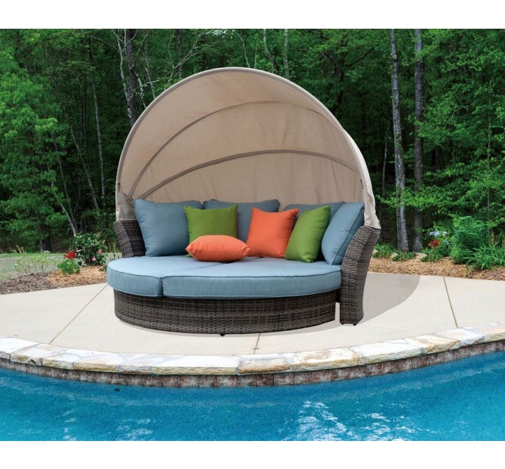 Taupe Eclipse Outdoor Expandable Oval Daybed With Canopy - Lifestyle - Mainsail Blue