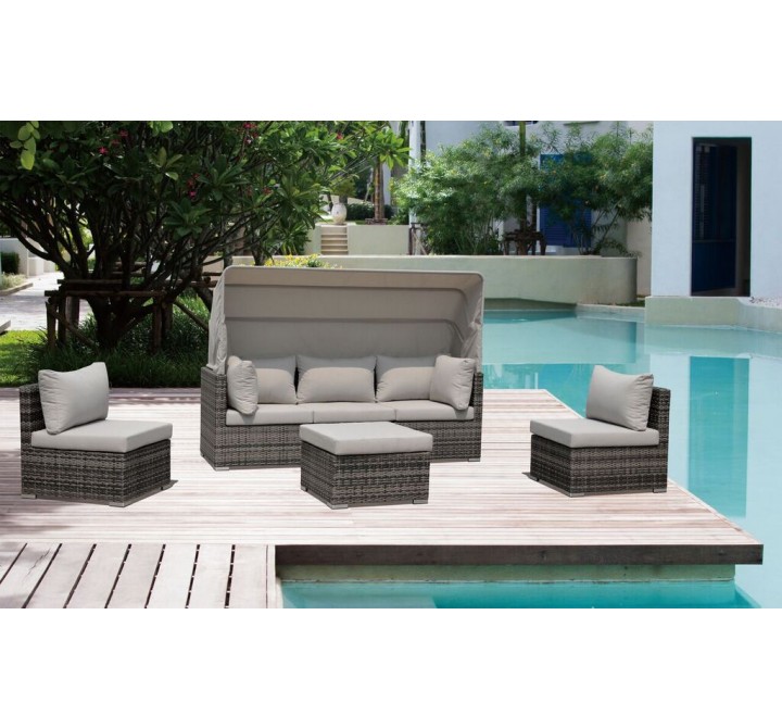 Courtyard Casual Taupe Aurora Outdoor Sectional to Daybed Combo with Canopy 