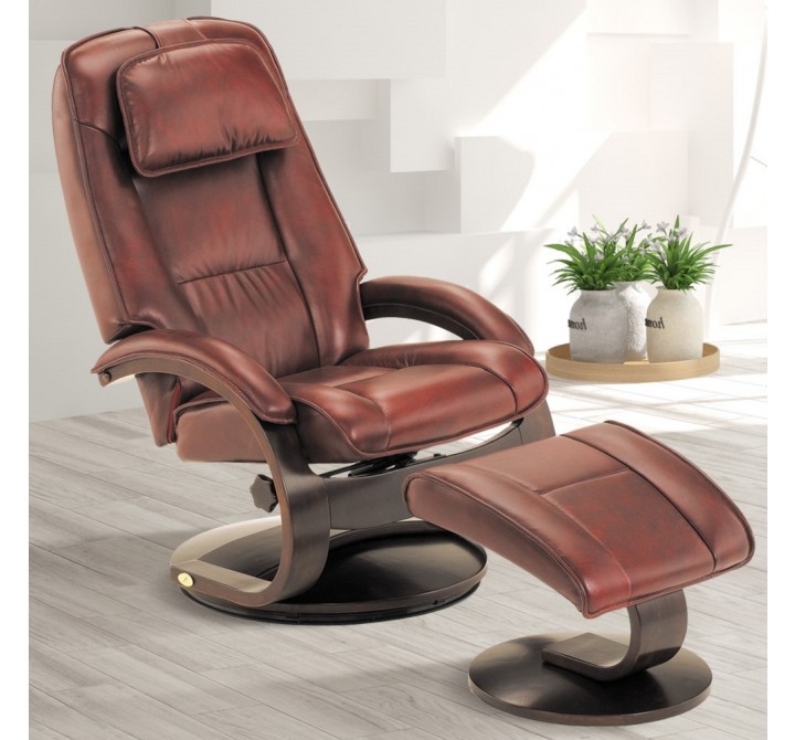Bergen Recliner and Ottoman in Merlot Top Grain Leather