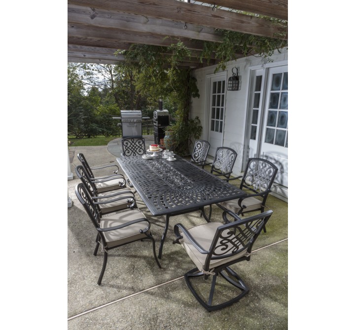 Alfresco Home Barcelona Cast Aluminum Dining Set With 87" Rectangular Dining Table With Umbrella Hole and 6 Stackable Dining Arm Chairs with Cushions and 2 Dining Swivel Rockers with Cushions