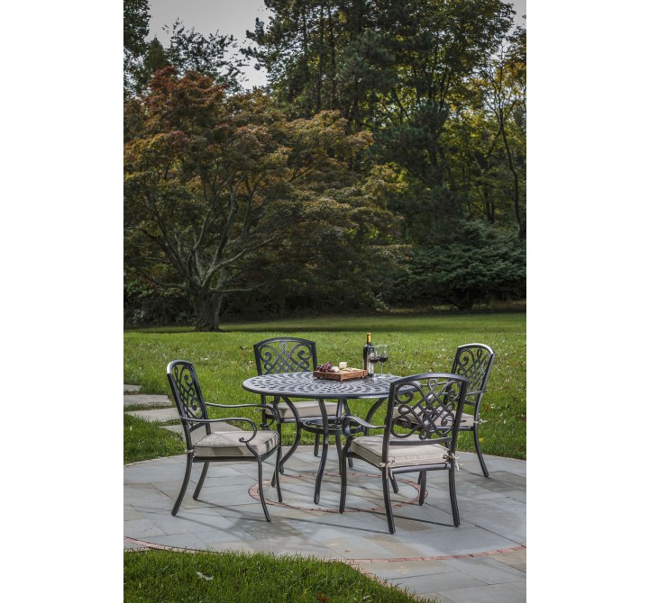 Barcelona Cast Aluminum Dining Set With 48" Round Dining Table With Umbrella Hole and 4 Stackable Dining Arm Chairs with Cushions