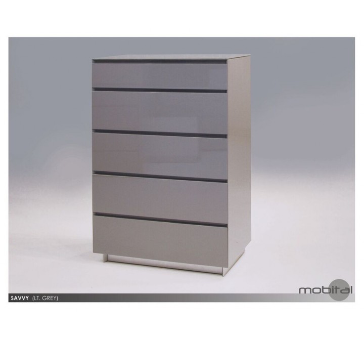 Savvy 5-Drawer Chest High Gloss Light Grey with Glass Top