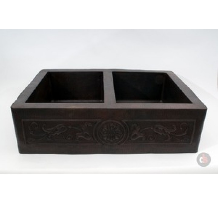 Ambiente 33-Inch Copper Handmade Kitchen Farmhouse Double Well Flowers Sink