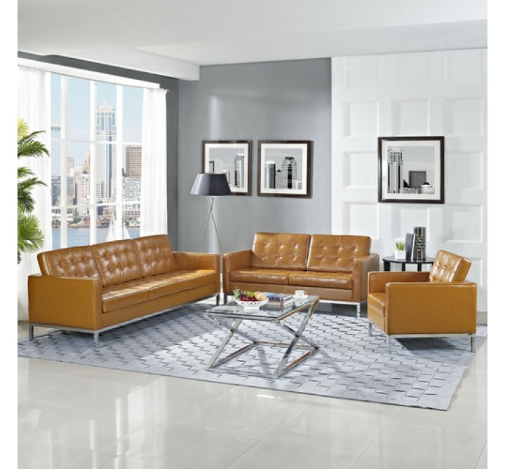 Modway Loft Armchair Loveseat and Sofa Set 3 Piece Set in Tan