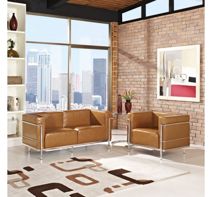 Modway Charles Grande Leather Loveseat and Armchair Set Of 2 in Tan