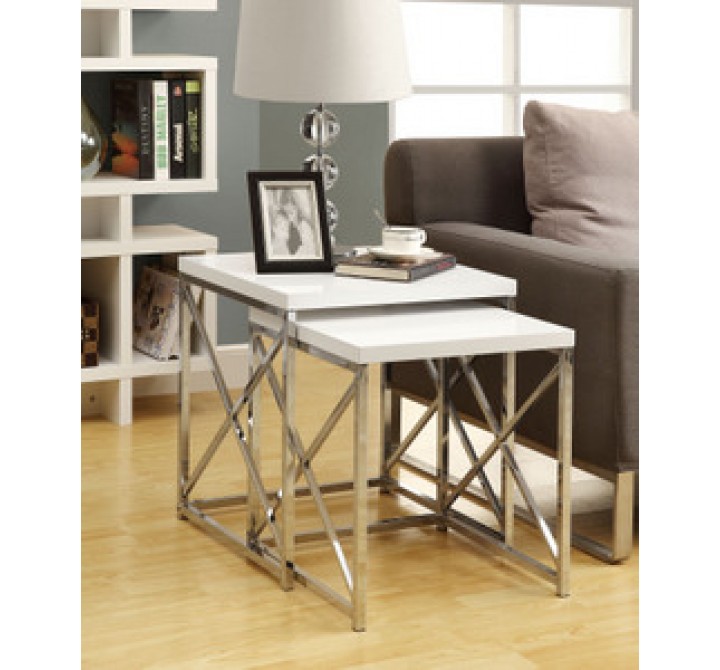 Monarch Specialties Glossy White / Chrome Metal 2pcs Nesting Table Set