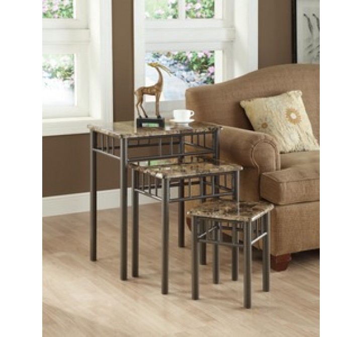 Monarch Specialties Capuccino Marble / Bronze Metal 3pcs Nesting Table Set