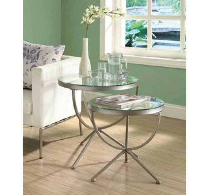 Monarch Specialties Satin Silver 2pcs Nesting Table Set With Tempered