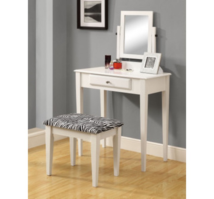 Monarch Specialties White 2pcs Vanity Set With A Zebra Fabric Stool