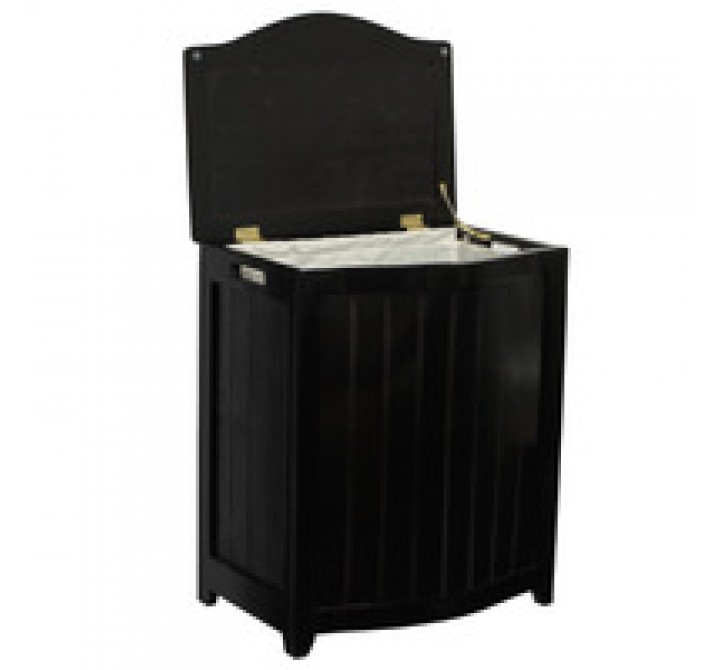 Mahogany Finished Bowed Front Laundry Wood Hamper - Lid Opened