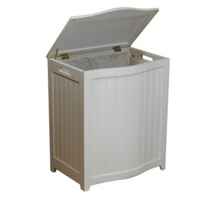 White Finished Bowed Front Laundry Wood Hamper - Lid Opened
