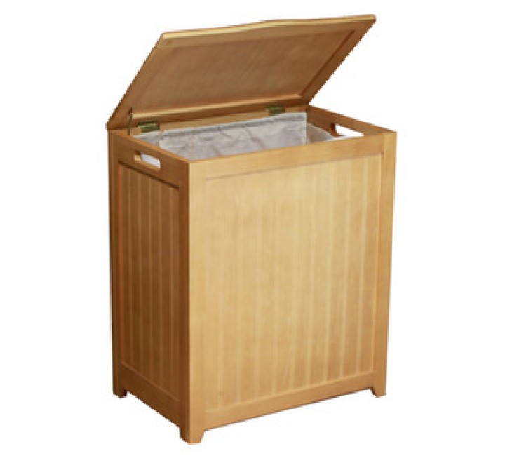 Natural Finished Rectangular Laundry Wood Hamper - Lid Opened