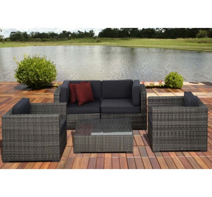 International Home Miami Atlantic Metz 5 pc Grey Wicker Seating Set with Cushions