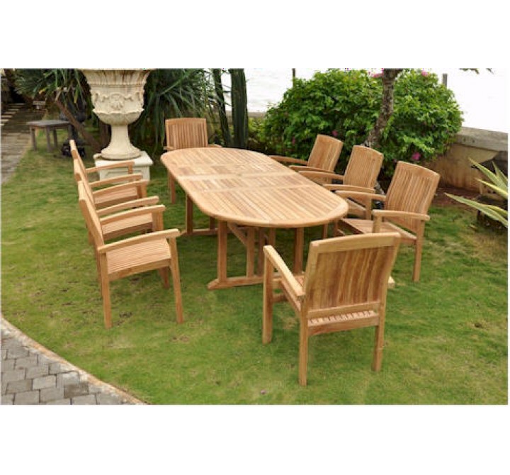 Anderson Teak Sahara 9-Piece Stackable Armchair and Oval Double Extension Outdoor Dining Set