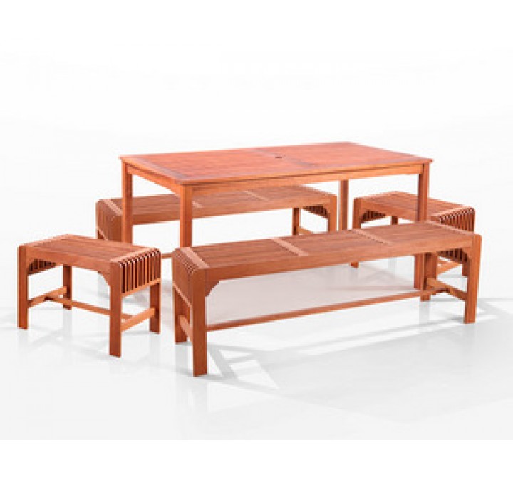 Vifah   5-Pc Three Seat Backless Bench Dining Set, 59" x 32"