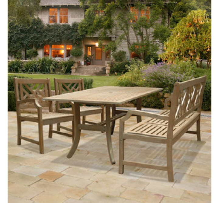 Vifah Modern Patio Renaissance Rectangular Table - Bench- Armchair Outdoor Hand-scraped Hardwood Dining Set
