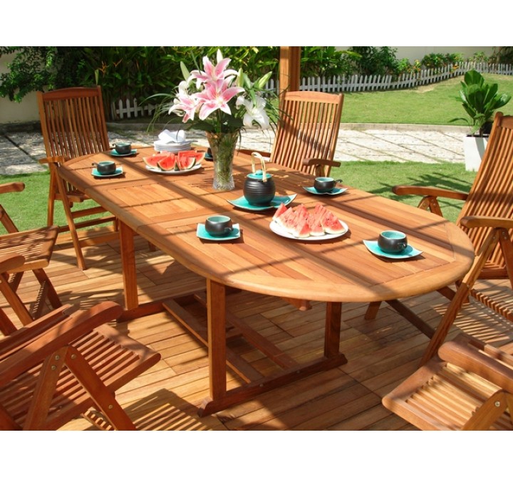 Vifah Modern Patio 9-Piece Outdoor Wood Dining Set with Oval Extension Table and 8 Eucalyptus Wood Dining Chairs