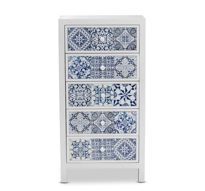 Baxton Studio Alma White Wood Blue Floral Tile 5 Drawers Accent Chest