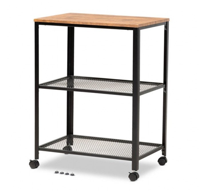 Baxton Studio Verna Black Metal Oak Brown Wood Kitchen Serving Cart