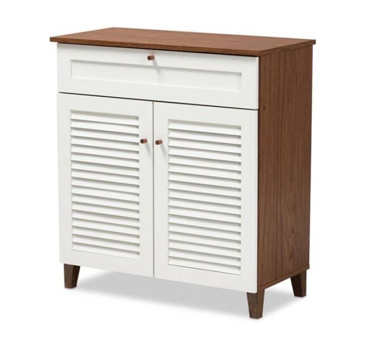 Baxton Studio Coolidge White Walnut 4 Shelf Shoe Storage Cabinet with Drawer