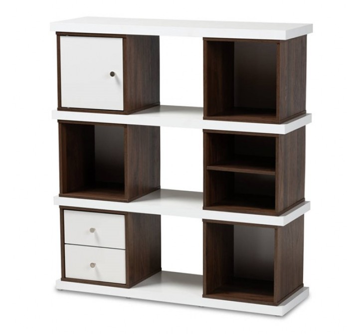 Baxton Studio Rune White Walnut Brown 2 Drawer Bookcase