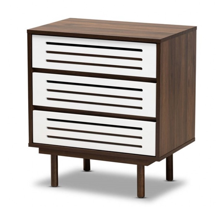 Baxton Studio Meike Walnut White 3 Drawers Nightstand