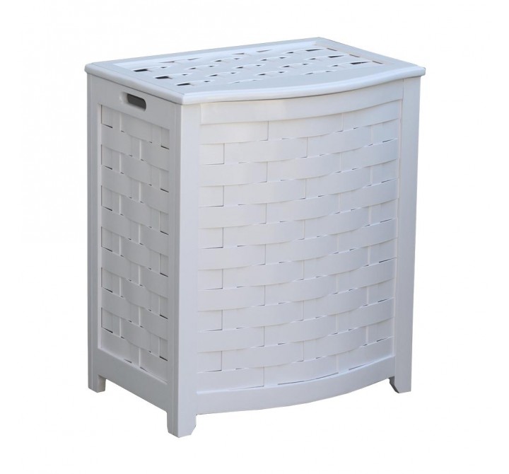 Oceanstar White Finished Bowed Front Veneer Laundry Wood Hamper with Interior Bag - Angled