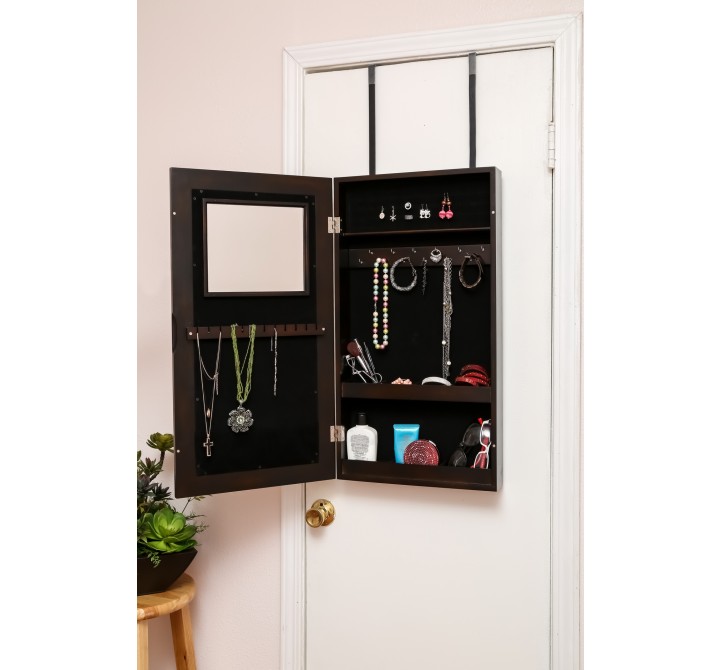 Modern Wall-Hanged Mirror Jewelry Cabinet Storage Armoire Esspresso - Opened