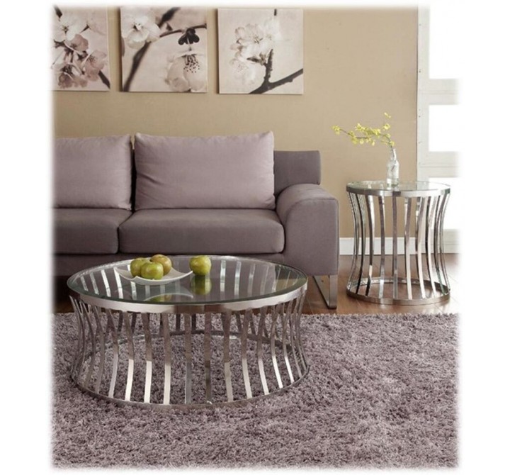 Diamond Sofa Capri Round Stainless Steel Cocktail Table w/ Clear Tempered Glass Top 