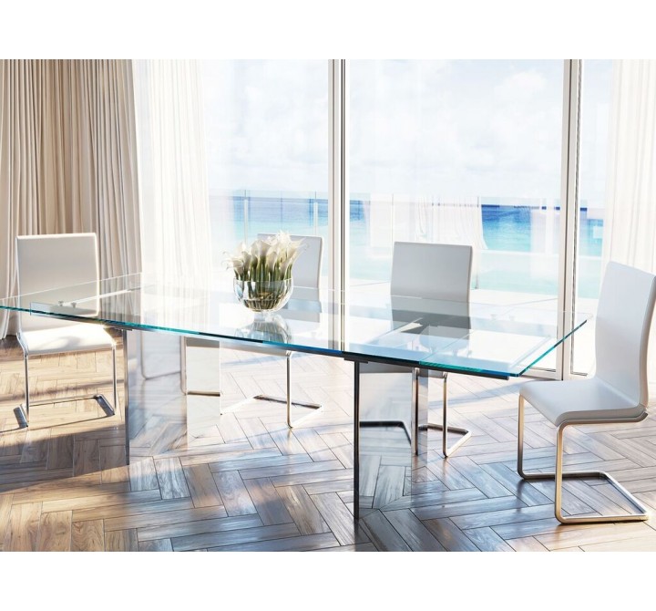 TOWER Extendable Stainless Steel / Clear Glass Dining Table - Lifestyle