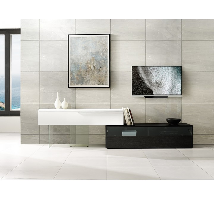 Casabianca AIR Entertainment Center In High Gloss White Lacquer And Dark Gray Oak Veneer With Clear Glass Legs - Lifestyle 2