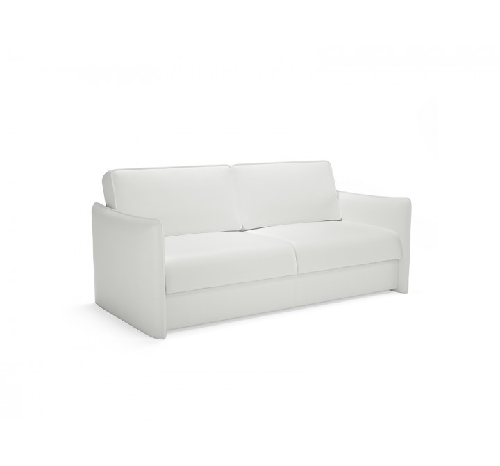Benz Queen Size Sofa Bed In White Top Grain Leather With Chromed Feet - Angled