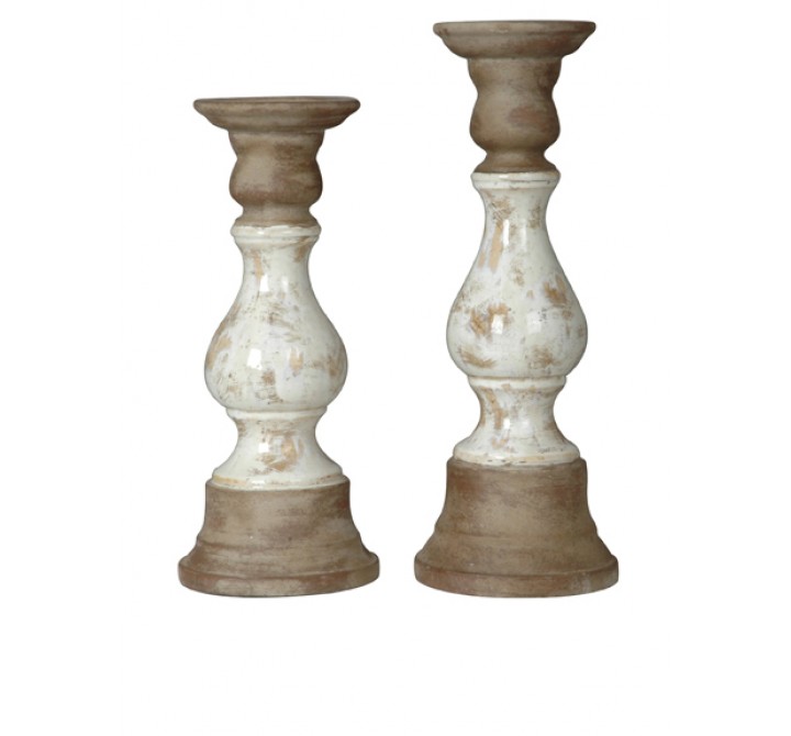 Set of 2 Candleholders in Clay & White Glaze Finish