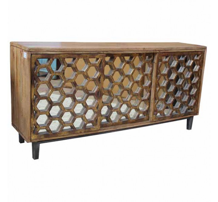 Bengal Manor Mango Wood 3 Sliding Door Cabinet With Honeycomb Mirror