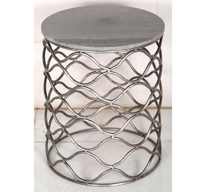 Bengal Manor Solid Iron Accent Table in Nickel Finish With Grey Marble Top