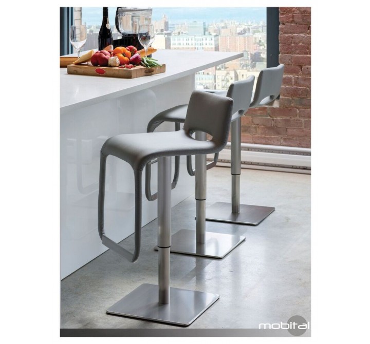 Azure Hydraulic Bar Stool Light Grey Leatherette with Brushed Stainless Steel