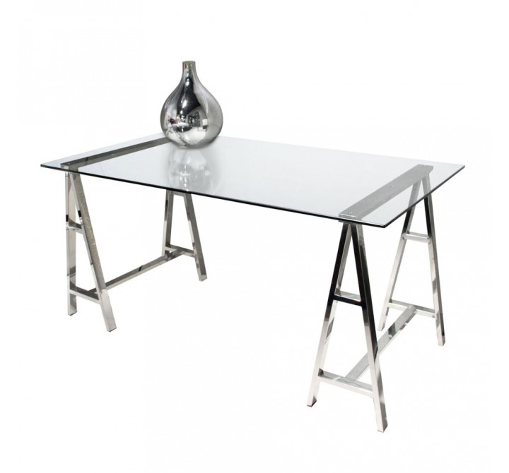 Diamond Sofa DEKO Stainless Steel Desk w/ Clear, Tempered Glass Top 
