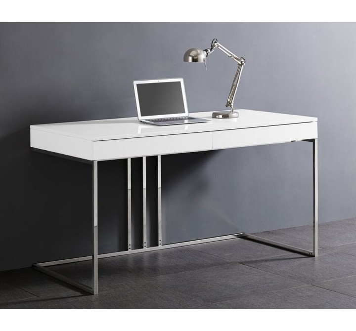 Sabine Desk In High Gloss White With Stainless Steel Base - Lifestyle