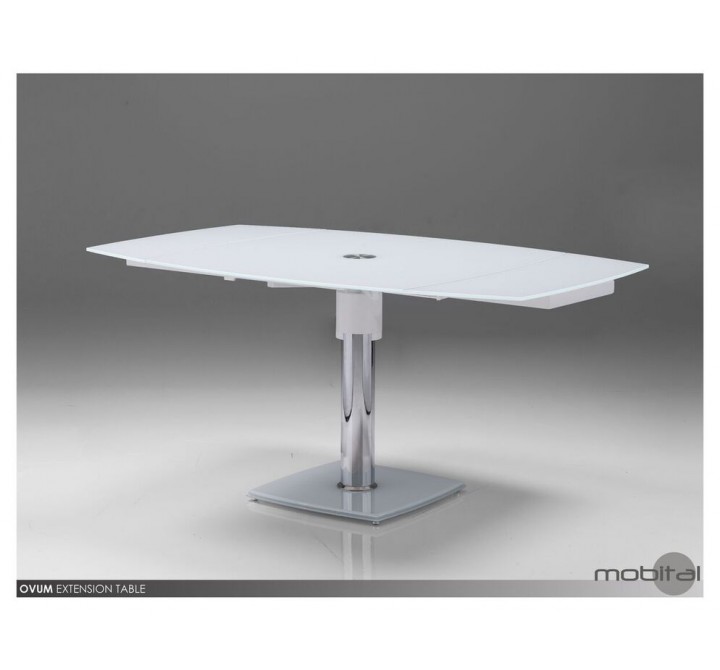 Ovum Extending Dining Table Pure White Glass with Polished Stainless Steel