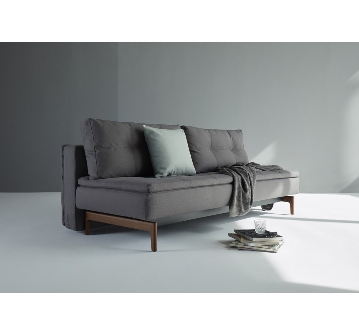 Dual Sofa With Dark Wood Legs  and Soft Grey Fabric - Angled View