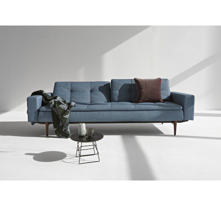 Splitback Dublexo Sofa in Sofa Dark Wood and Soft Indigo Blue Fabric - Semi Folded