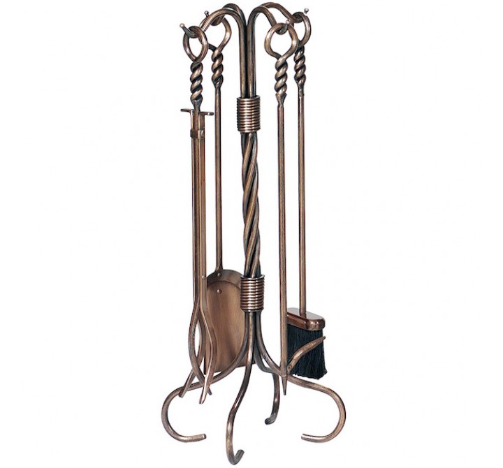 Mr. Bar-B-Q UniFlame® 5 Piece Antique Copper Finish Fireset with Ring/Twist Handles